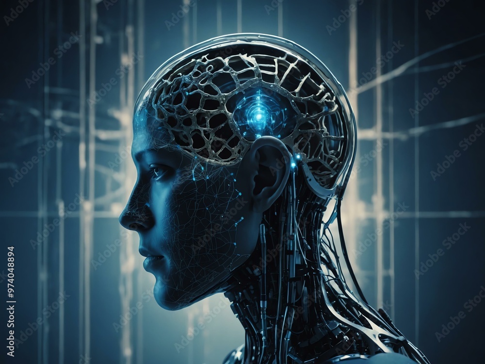 AI concept with a human head and neural network on blue AI concept with a human head and neural network on blue