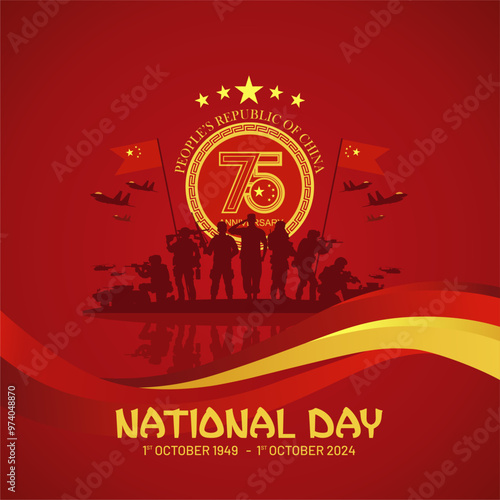 75th Anniversary of Poeple’s Republic of China National Day 2024 greeting design with 75 logo ,3D flag, military power illustration. China national day 2024 background, banner, poster, template. 