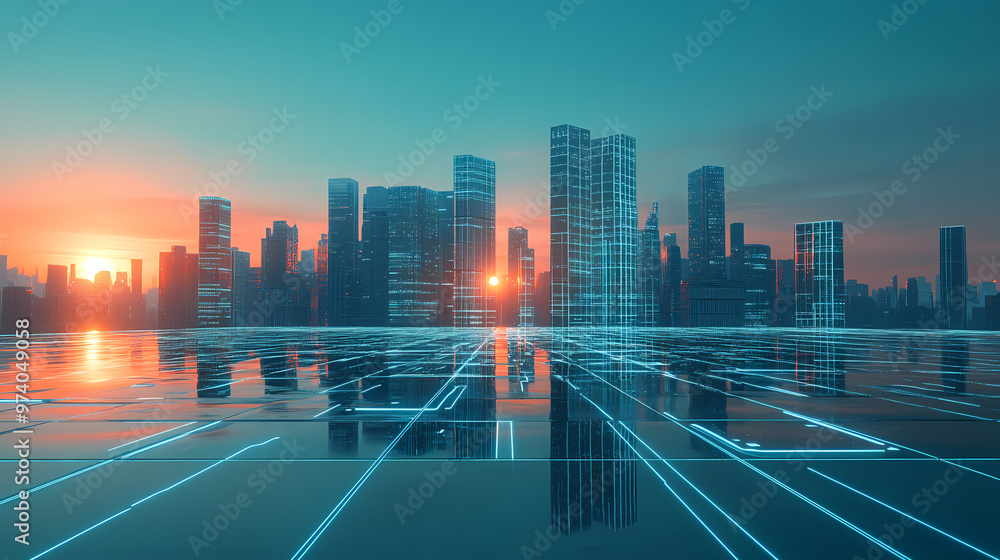 Fototapeta premium Digital cityscape with futuristic buildings