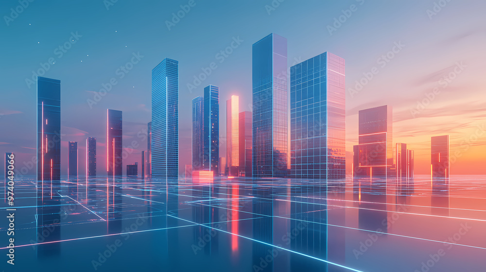 Digital cityscape with futuristic buildings Digital cityscape with futuristic buildings