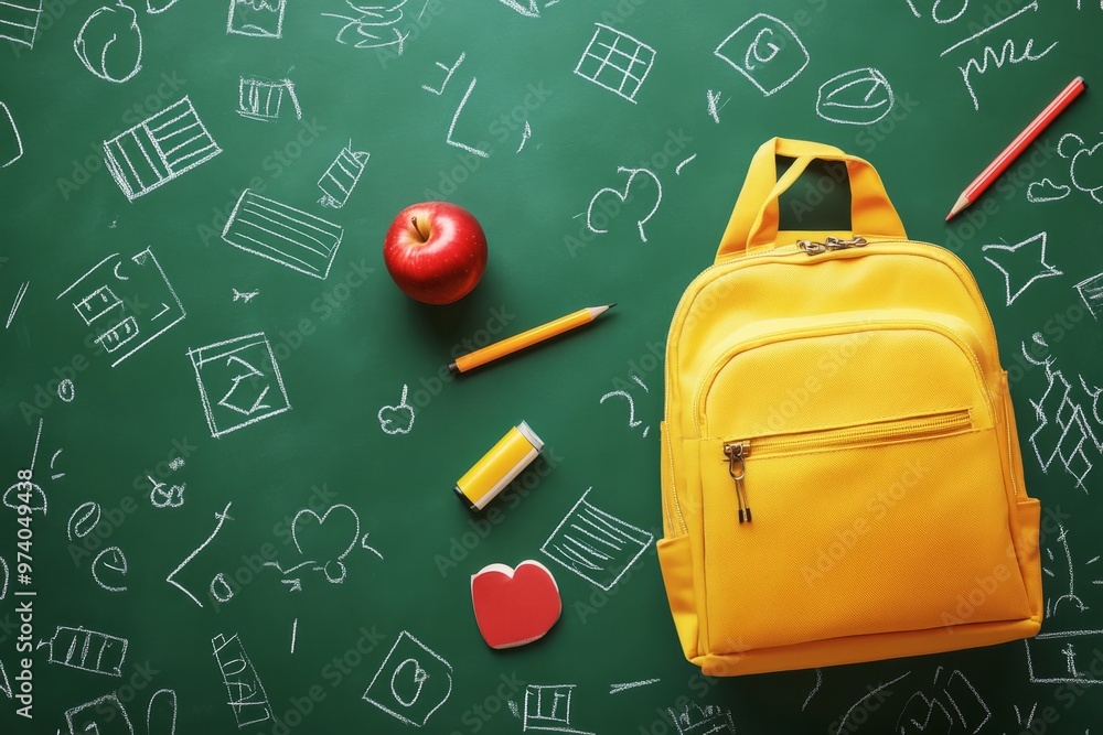 A bright yellow backpack rests on a chalkboard. It is surrounded by school supplies and an apple. Perfect for back to school themes and educational projects. Generative AI A bright yellow backpack rests on a chalkboard. It is surrounded by school supplies and an apple. Perfect for back to school themes and educational projects. Generative AI