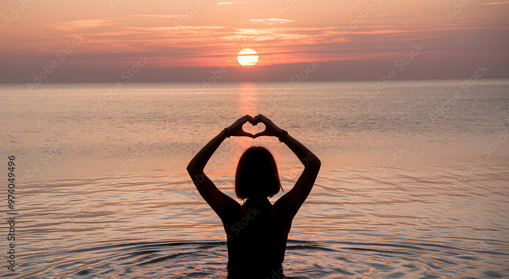 Fototapeta premium A young woman at the beach making a heart shape sign using her hands against the backdrop of a sun