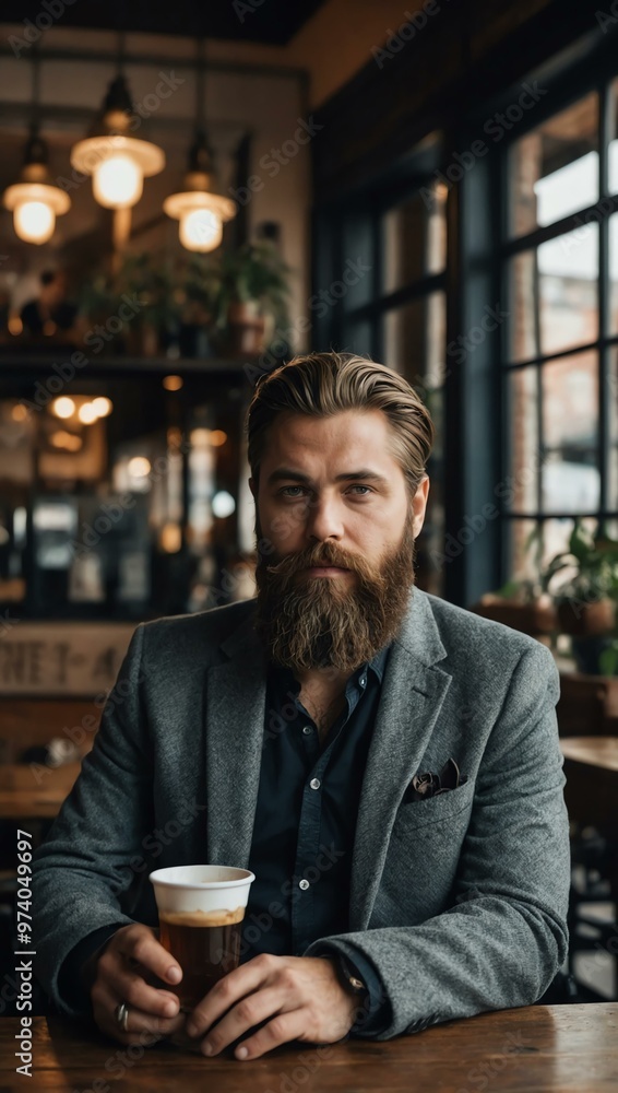 Bearded man in a cafe, wearing a stylish blazer Bearded man in a cafe, wearing a stylish blazer