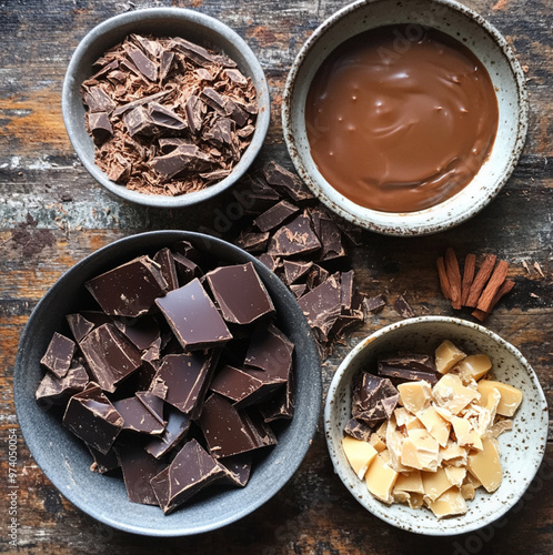 a chocolate and caramel piled together on table, top down view, messy table of ingredients photo