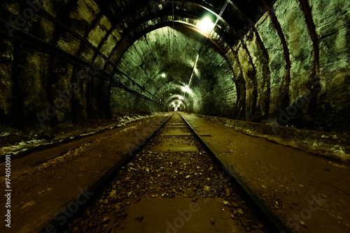 Mining train rails inside a salt mine in Khewra, Punjab, Pakistán photo