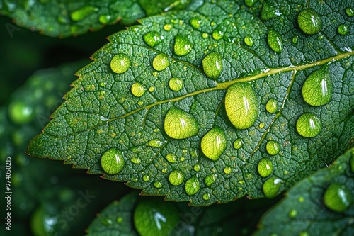 Close-up of raindrops on a vibrant green leaf photo