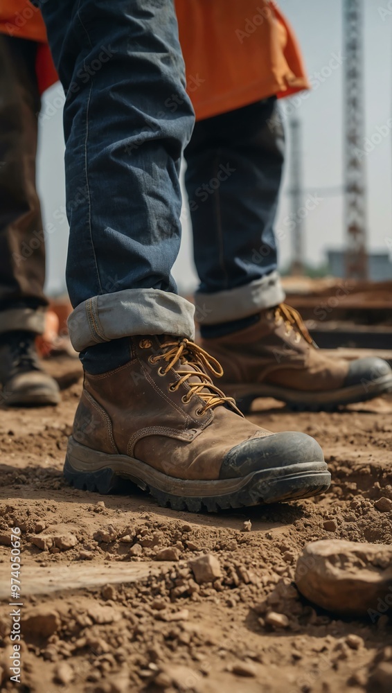 Builder’s work shoes at a construction site with copy space. Builder’s work shoes at a construction site with copy space.