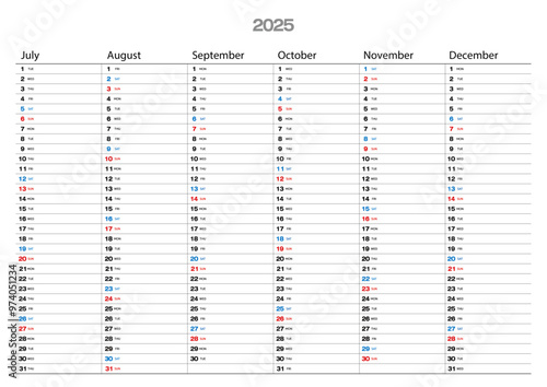 2025年の半年カレンダー7月～12月メモ書き込みが可能