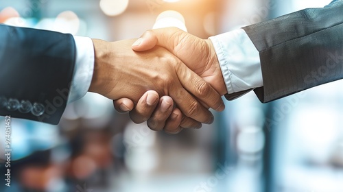 Two Business Professionals Shaking Hands in a Close-Up Shot, Highlighting Professionalism, Partnership, and Success with Sharp Focus and Shallow Depth of Field in a Blurred Background Setting.