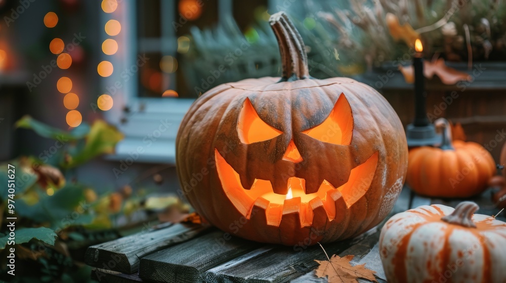 Glowing jack-o'-lantern on a porch surrounded by autumn decorations Glowing jack-o'-lantern on a porch surrounded by autumn decorations