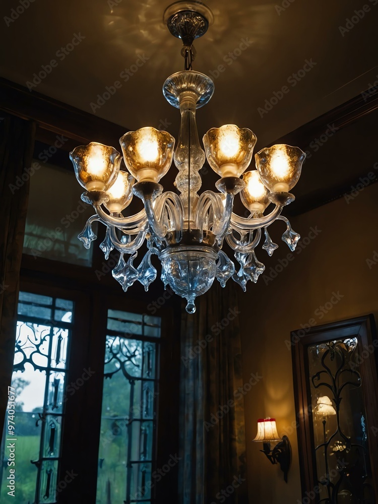 Chandelier of blown glass reflecting light in a dining room Chandelier of blown glass reflecting light in a dining room