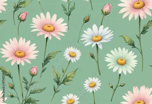 A pattern of daisies and roses on a light green background. The concept of nature and summer