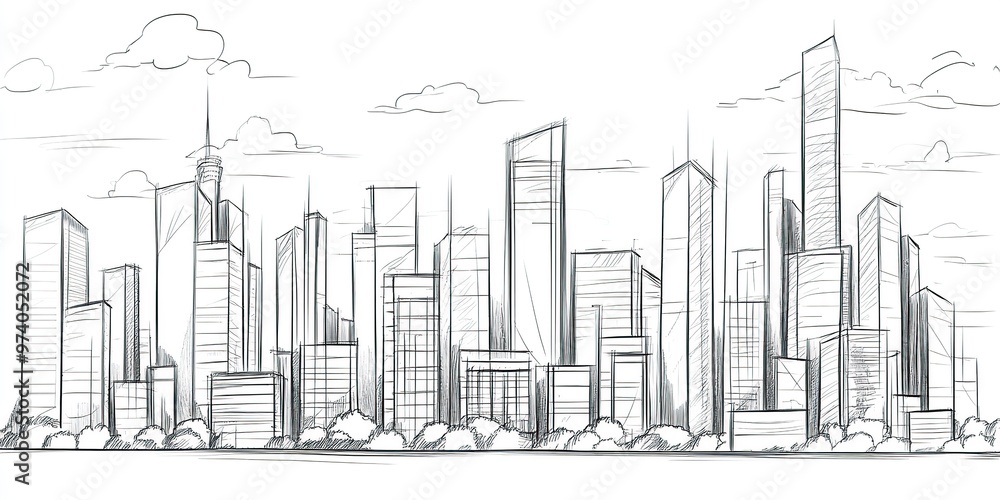 Obraz premium Hand-drawn sketch of a modern city skyline with clouds.