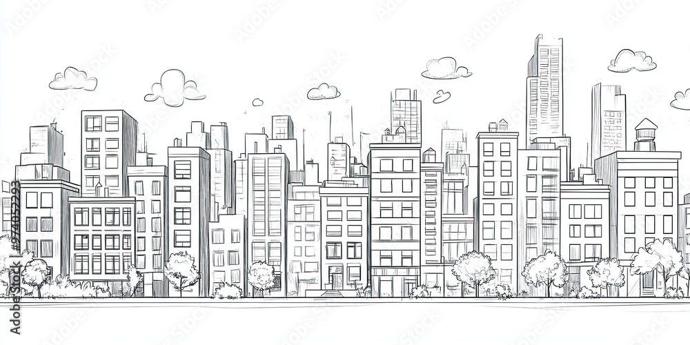 Hand drawn illustration of city skyline with buildings and clouds. Hand drawn illustration of city skyline with buildings and clouds.