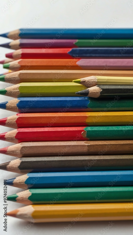Colored pencils lined up neatly on a white background, perfect for creative inspiration. Colored pencils lined up neatly on a white background, perfect for creative inspiration.