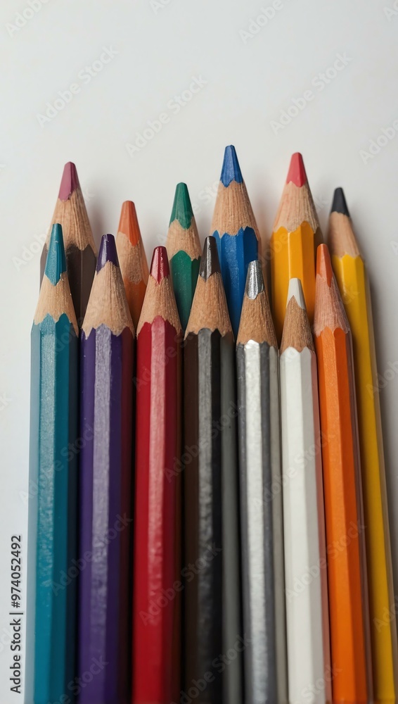 Colored pencils lined up neatly on a white background, perfect for creative inspiration. Colored pencils lined up neatly on a white background, perfect for creative inspiration.