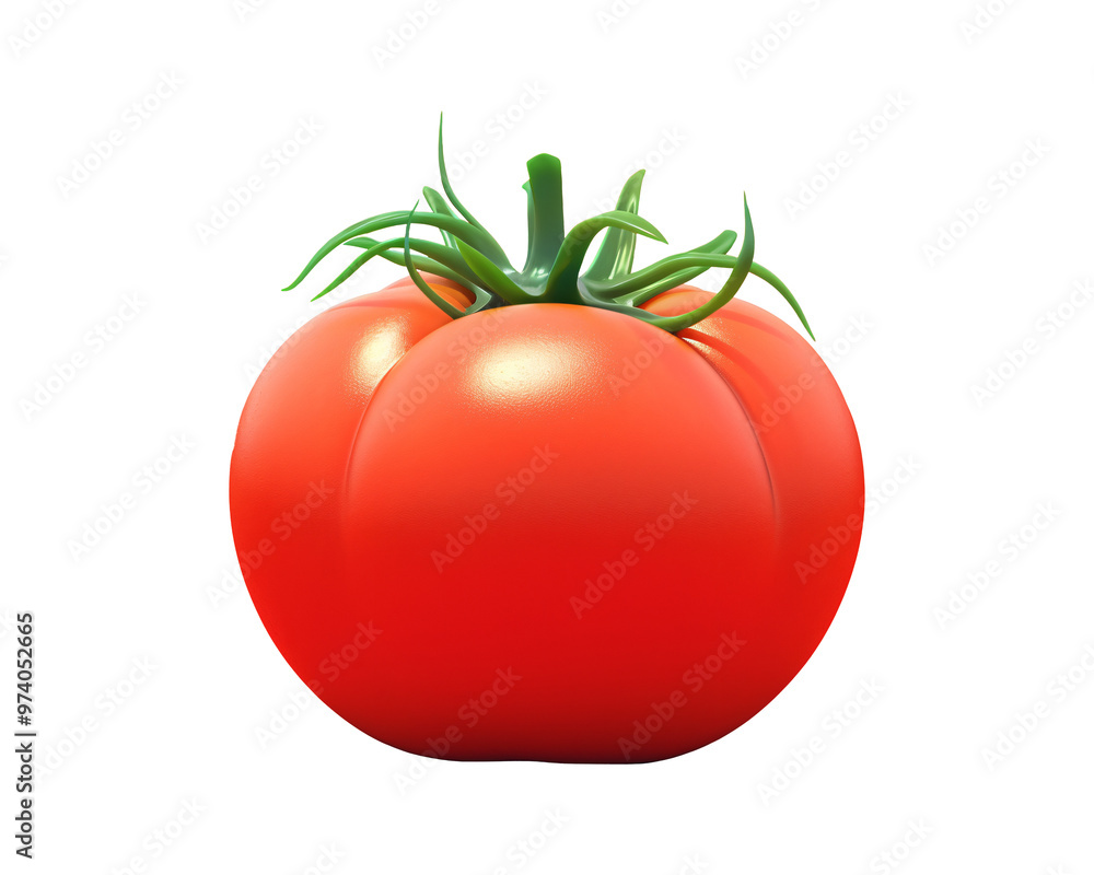 A single ripe red tomato with green stem sits on an transparent background. A single ripe red tomato with green stem sits on an transparent background.