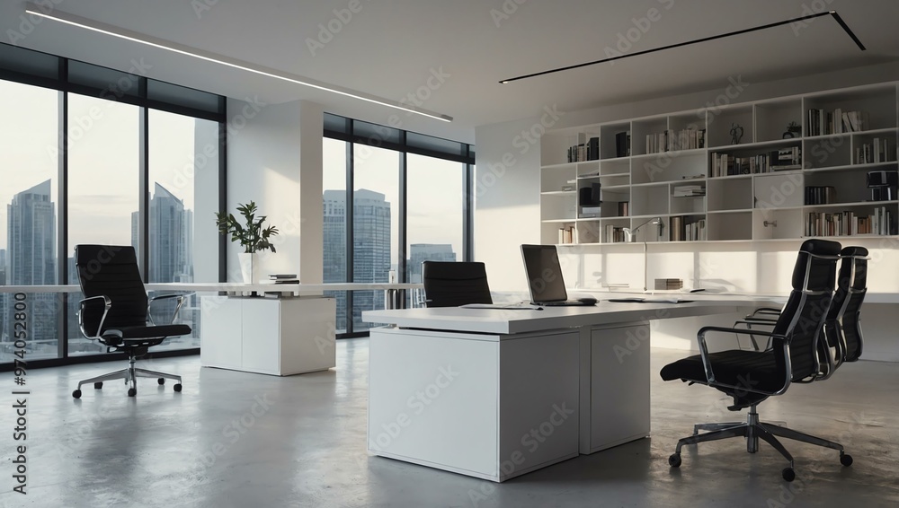 Contemporary office with a white desk and blank wall perfect for text. Contemporary office with a white desk and blank wall perfect for text.