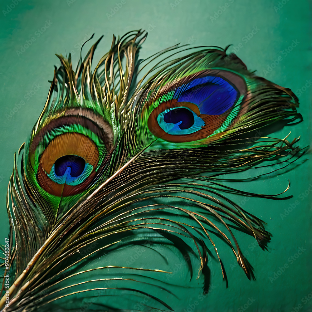 Fototapeta premium Illustration of a Vastu Feng Shui peacock feather on a plain green background