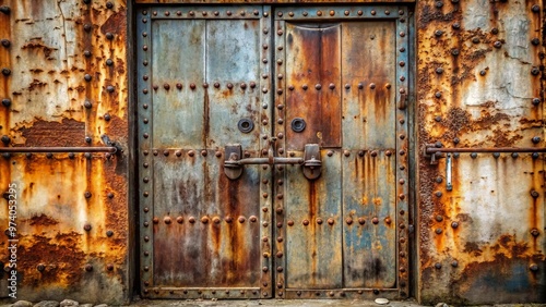 A worn, rusty metal door with a prominent bulge in the center, surrounded by peeling paint and old