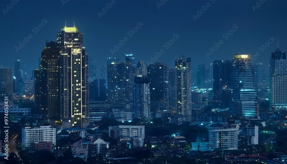 Aerial view of a big city at dusk Towering skyscrapers bathed in neon light contrast with the dark sky. Aerial view of a big city at dusk Towering skyscrapers bathed in neon light contrast with the dark sky.