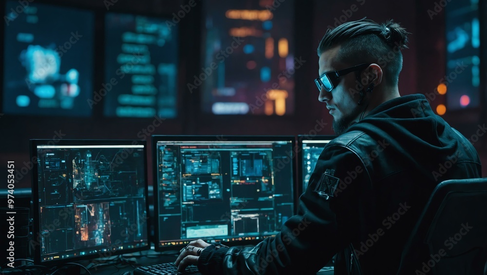 Cyberpunk hacker working on multiple screens. Cyberpunk hacker working on multiple screens.