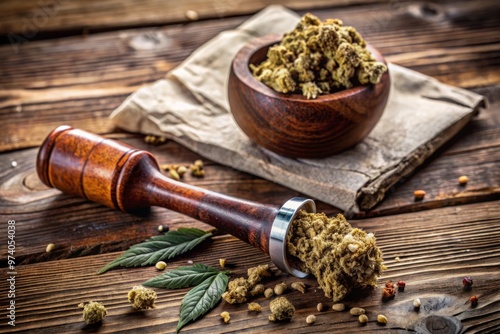 A worn, wooden pipe with a smoldering cannabis bud, surrounded by scattered hemp seeds and crumpled rolling papers, photo