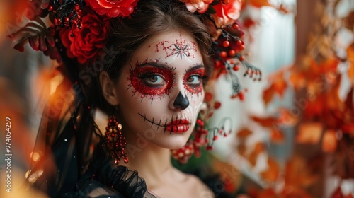 Portrait of a woman with Dia de los Muertos makeup and vibrant flower crown