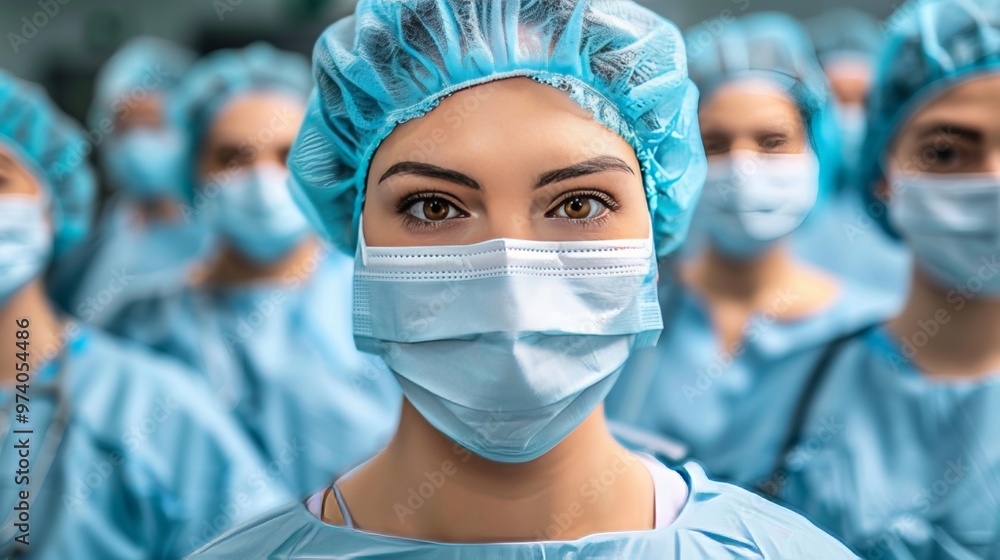 Confident healthcare professionals in scrubs and masks standing together in a show of unity Confident healthcare professionals in scrubs and masks standing together in a show of unity