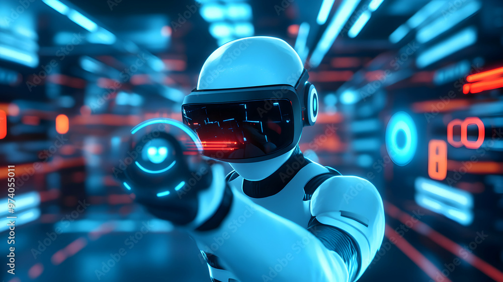 A futuristic 3D cartoon figure with sleek VR glasses, engaged in a high-tech virtual training simulation with holographic targets and dynamic, animated obstacles, reflecting focus and intensity A futuristic 3D cartoon figure with sleek VR glasses, engaged in a high-tech virtual training simulation with holographic targets and dynamic, animated obstacles, reflecting focus and intensity