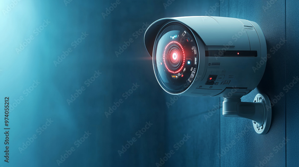 Modern security camera monitoring a dimly lit area Modern security camera monitoring a dimly lit area