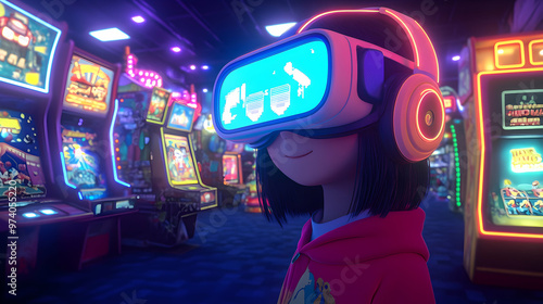 A charming 3D cartoon avatar with retro VR glasses, immersed in a nostalgic virtual arcade filled with pixelated games and animated neon lights, creating a sense of fun and reminiscence photo