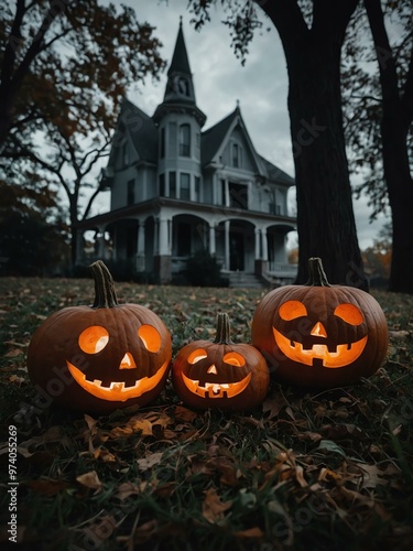 Ghostly Halloween setup with pumpkins and skulls