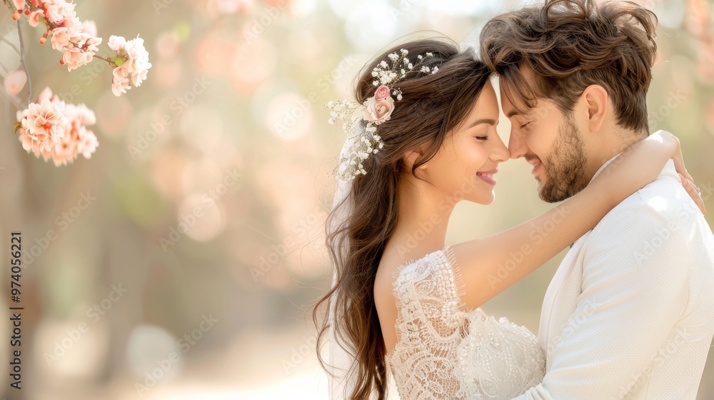 Romantic wedding couple embracing under blooming flower trees, capturing love and happiness in a dreamy outdoor setting. Romantic wedding couple embracing under blooming flower trees, capturing love and happiness in a dreamy outdoor setting.