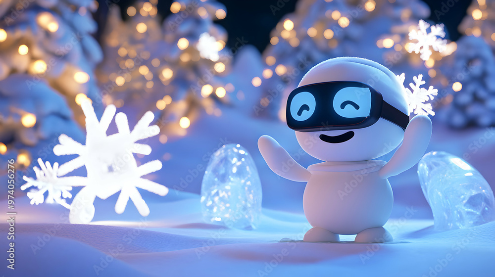 Obraz premium A whimsical 3D cartoon character with retro VR glasses, enjoying a playful virtual winter wonderland with animated snowflakes and glowing ice sculptures, evoking a sense of joy and playfulness