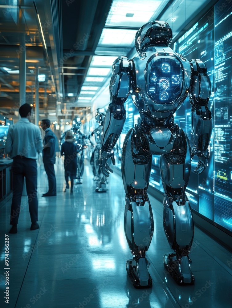 A futuristic scene featuring humanoid robots in a high-tech environment. A futuristic scene featuring humanoid robots in a high-tech environment.