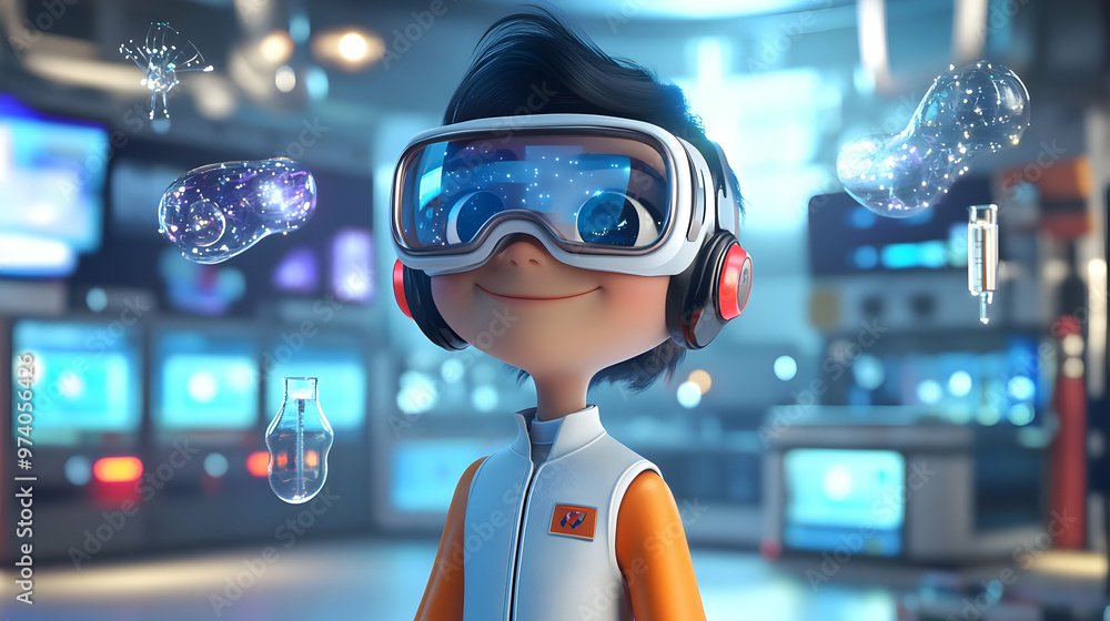An engaging 3D cartoon avatar with modern VR glasses, immersed in a colorful virtual science lab with interactive experiments and floating digital elements, reflecting curiosity and discovery An engaging 3D cartoon avatar with modern VR glasses, immersed in a colorful virtual science lab with interactive experiments and floating digital elements, reflecting curiosity and discovery