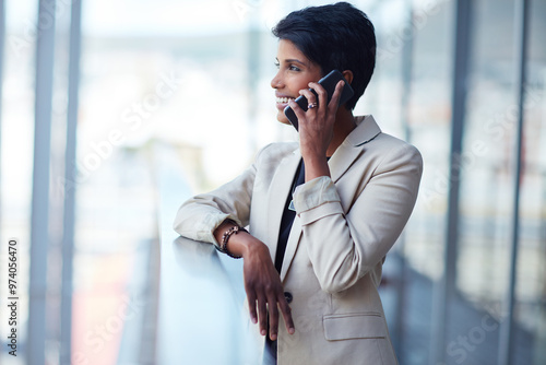 Business, woman and smile with phone call by window for communication, legal feedback and negotiation online. Patio, lawyer and mobile for discussion advice, consulting contact and proposal outdoor