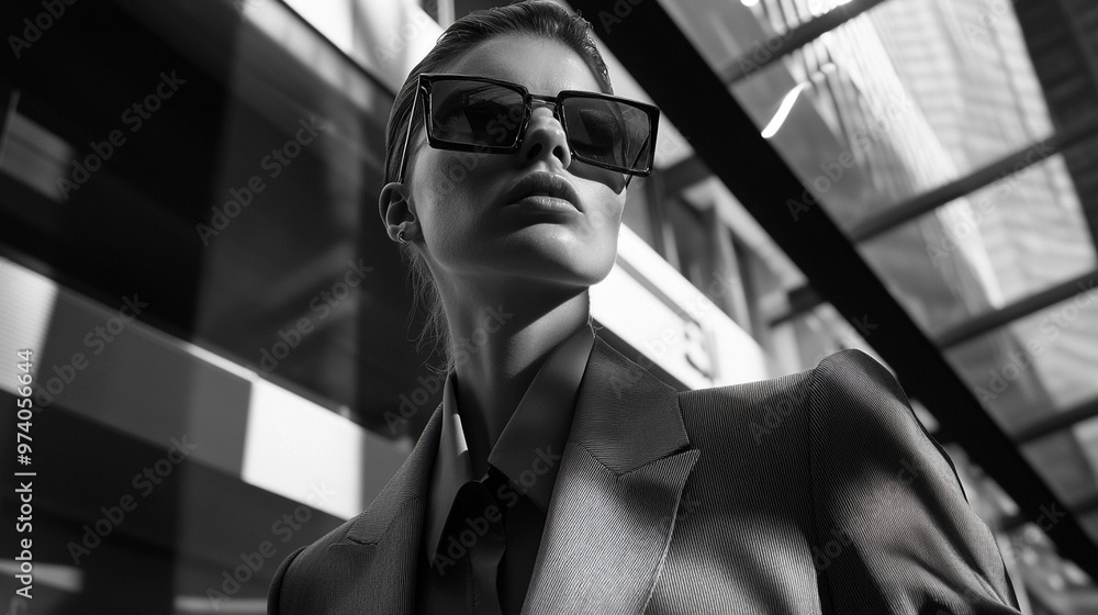 A model in a monochrome suit with oversized square sunglasses, standing in a high-end fashion district, bright natural light highlighting the sleek lines, 2024 power fashion trend. A model in a monochrome suit with oversized square sunglasses, standing in a high-end fashion district, bright natural light highlighting the sleek lines, 2024 power fashion trend.