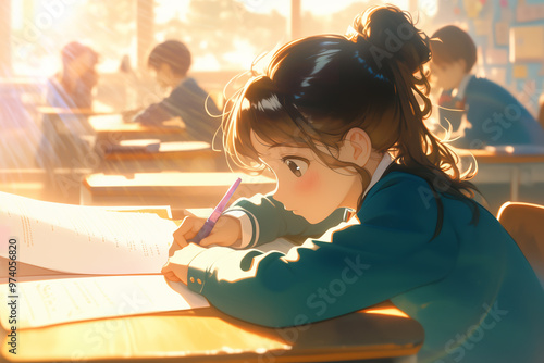 Girl Focusing on Studying in Classroom