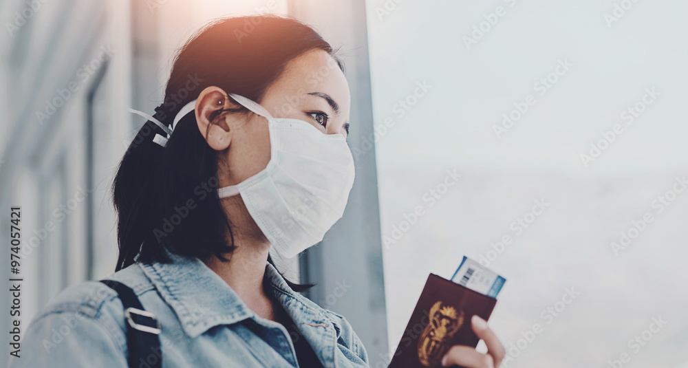 Φωτογραφία Woman, thinking and mask in airport for travel, protection and airline covid 19 policy