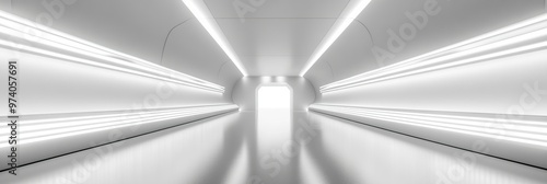 Wallpaper Mural Futuristic white hallway with glowing lights leading to a bright doorway. Torontodigital.ca