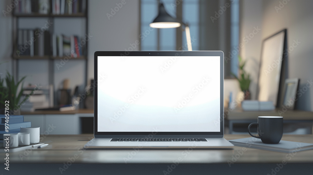Laptop screen mockup placed on a desk, with a modern workspace setup in the background to showcase a responsive web design. Laptop screen mockup placed on a desk, with a modern workspace setup in the background to showcase a responsive web design.
