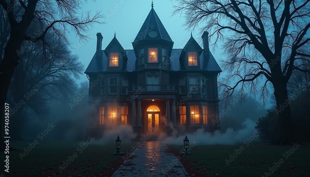 Haunting Mansion Facade Displaying Ghostly Apparitions and Thick Cobwebs for a Spooky and Atmospheric Haunted Experience Haunting Mansion Facade Displaying Ghostly Apparitions and Thick Cobwebs for a Spooky and Atmospheric Haunted Experience
