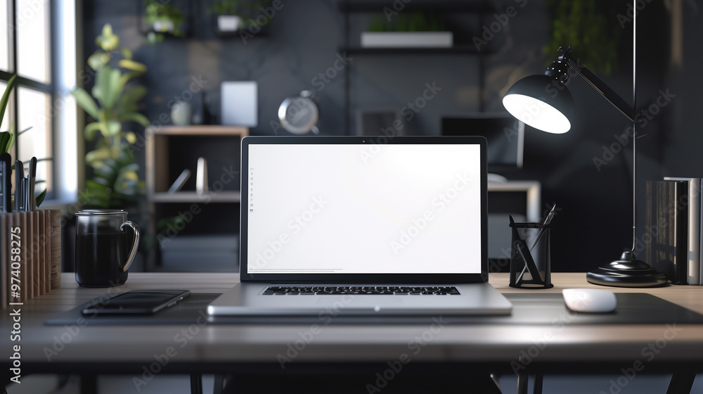 Laptop screen mockup placed on a desk, with a modern workspace setup in the background to showcase a responsive web design. Laptop screen mockup placed on a desk, with a modern workspace setup in the background to showcase a responsive web design.
