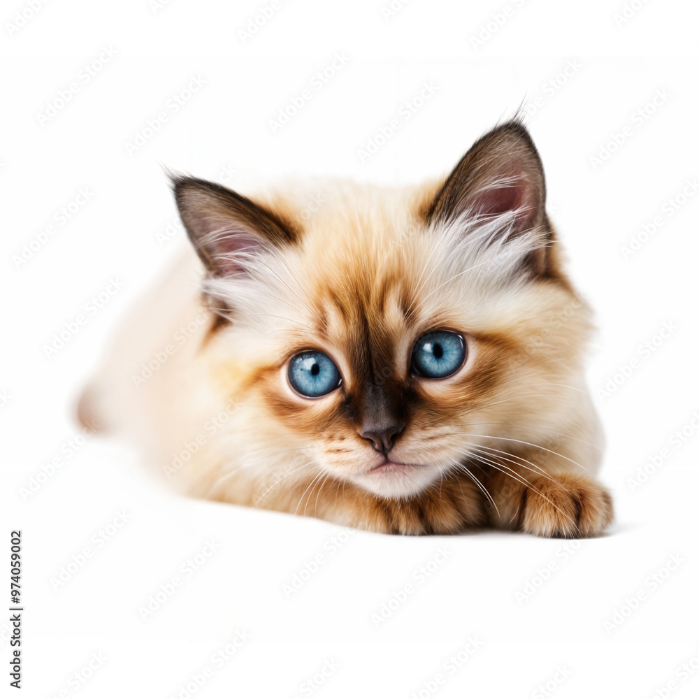 Cute Ragdoll Cat Kitten Laying Sideways, Curiously Looking at the Camera with Breed-Typical Blue Eyes. Isolated on a White Background Cute Ragdoll Cat Kitten Laying Sideways, Curiously Looking at the Camera with Breed-Typical Blue Eyes. Isolated on a White Background