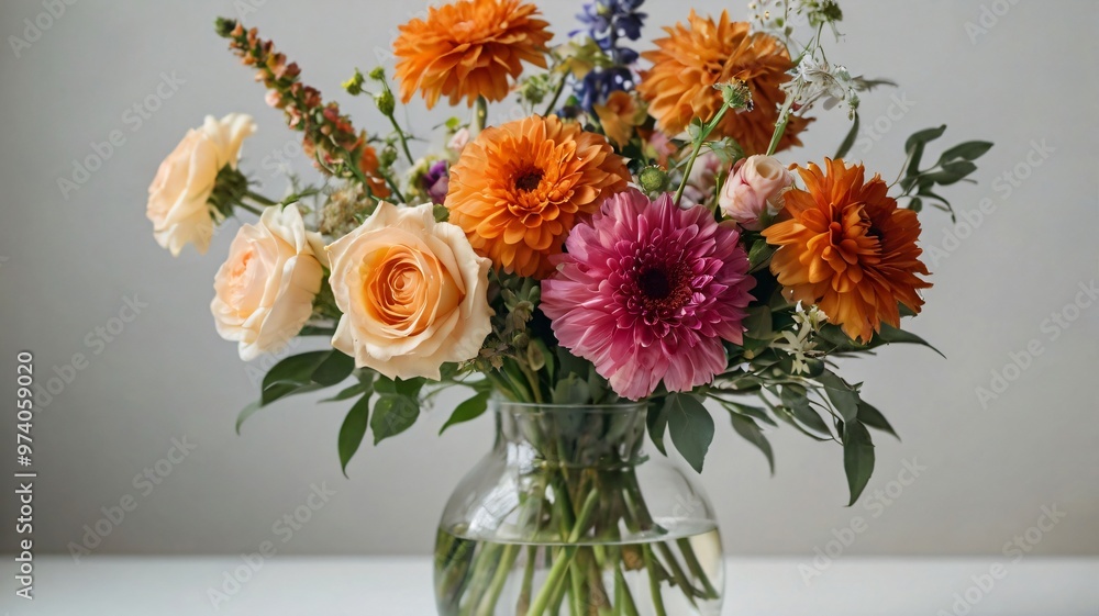 Beautiful bouquet of vibrant flowers in a clear vase on a white table against a simple backdrop Beautiful bouquet of vibrant flowers in a clear vase on a white table against a simple backdrop