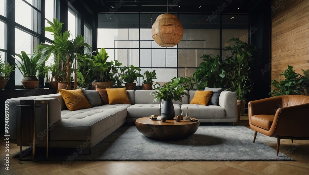 Modern lounge with stylish seating and plants Modern lounge with stylish seating and plants