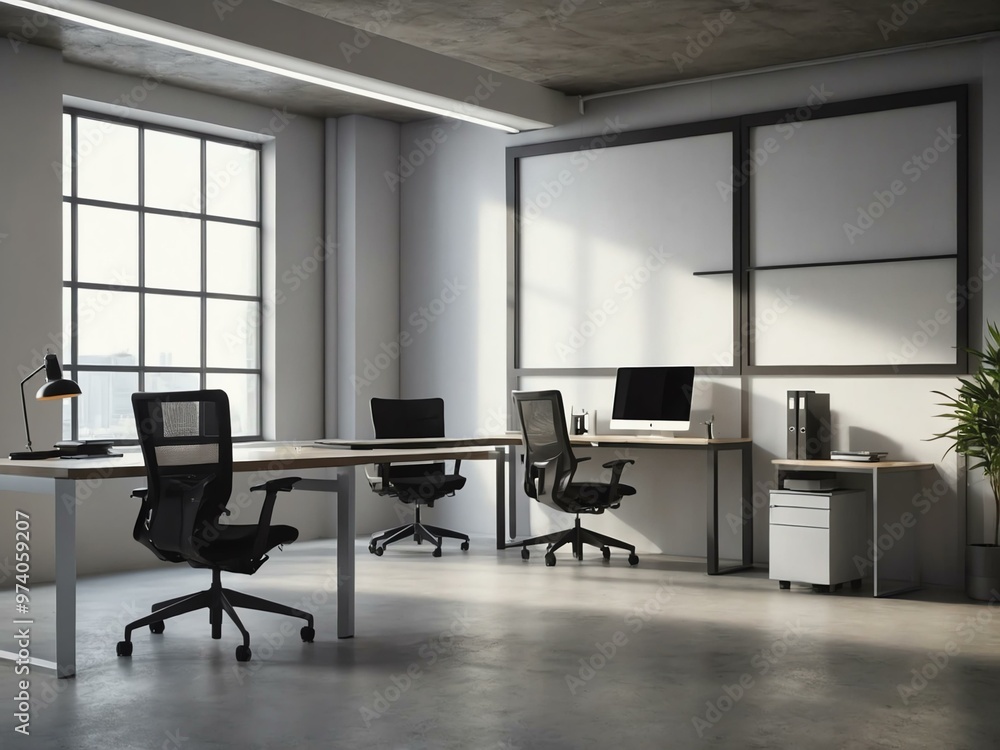 Modern office with white desk and ample space for text on the blank wall. Modern office with white desk and ample space for text on the blank wall.