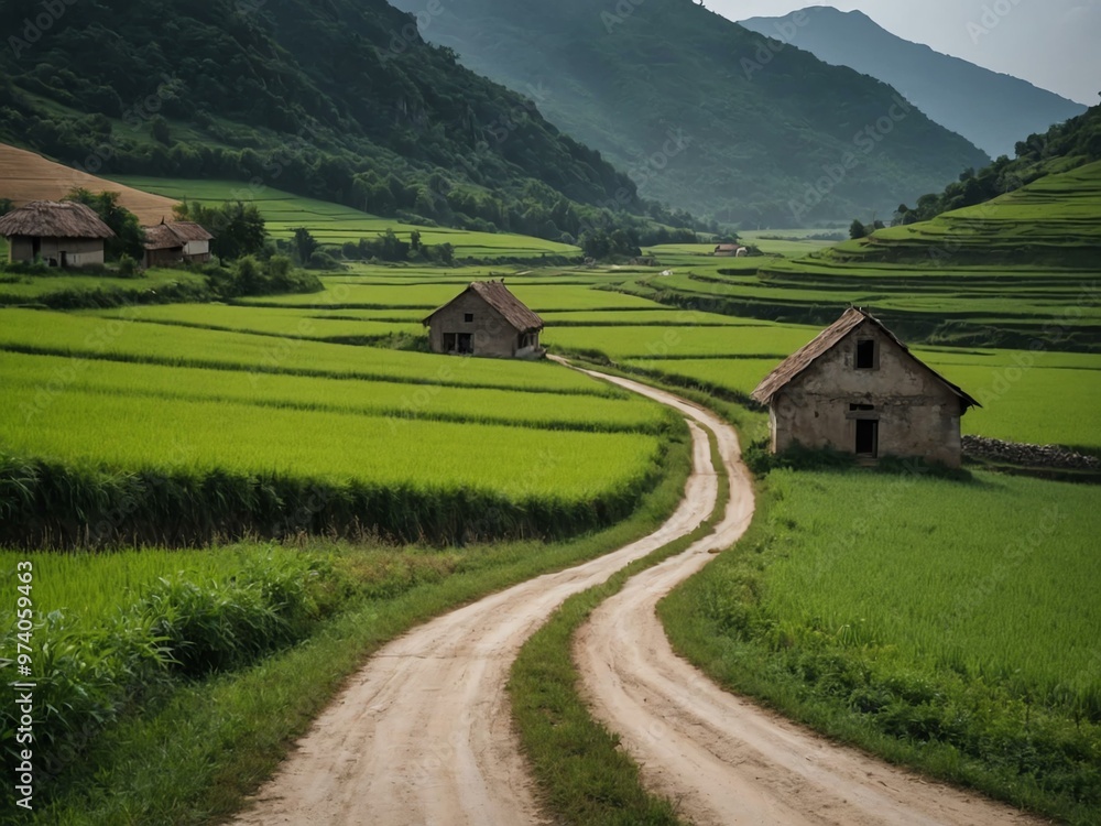 Narrow road across open fields leading to an isolated village Narrow road across open fields leading to an isolated village